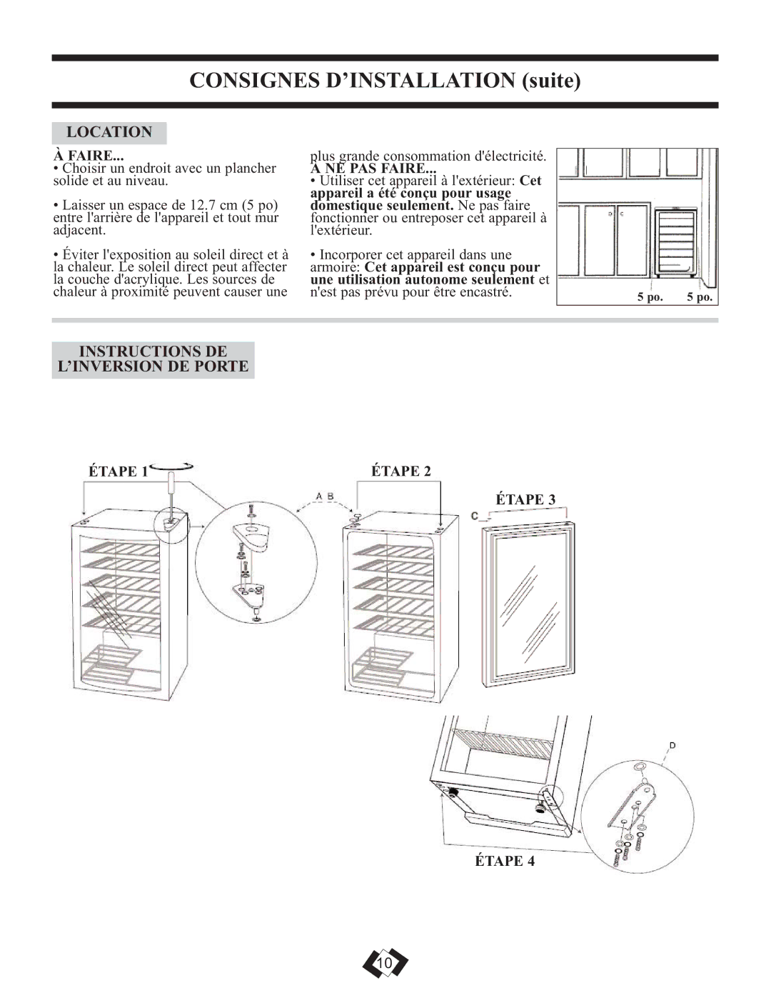 Danby DWC350BLPA installation instructions INSTRUCTIONS DE ’INVERSION DE Porte, NE PAS Faire 